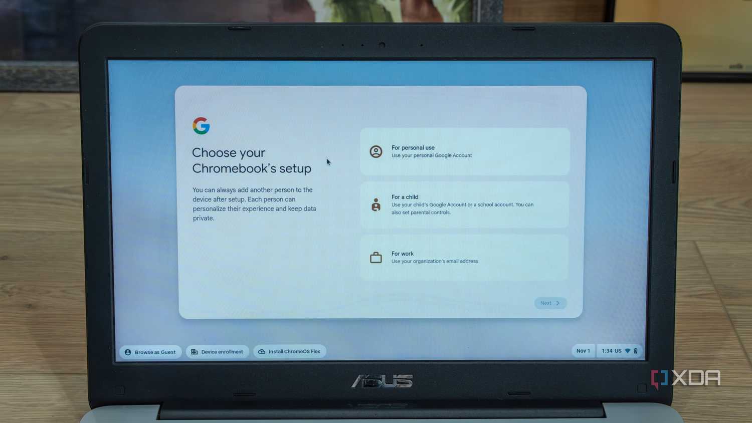 A laptop during ChromeOS Flex setup asking the user to sign up or browse as guest