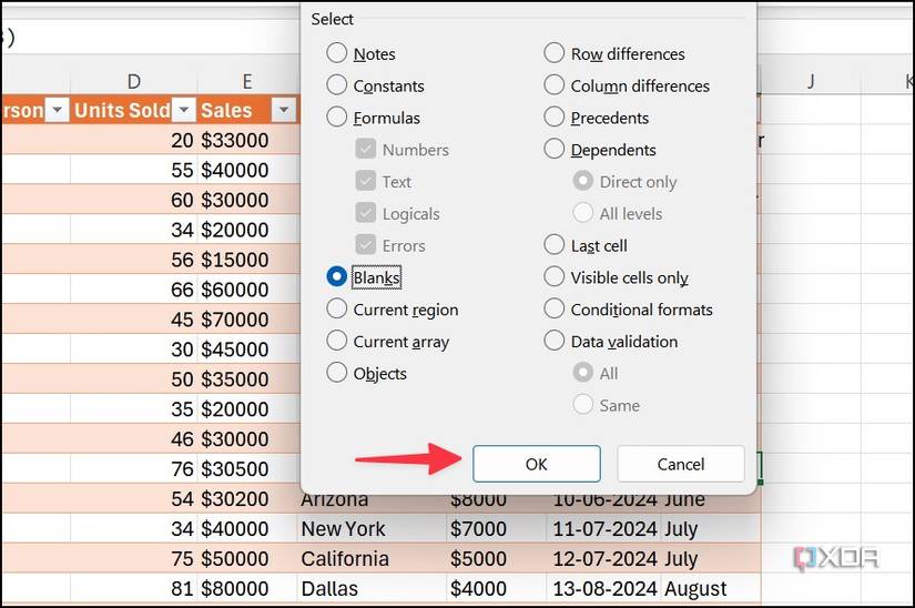 select blank cells in Excel