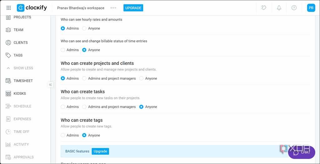Clockify Extension Settings