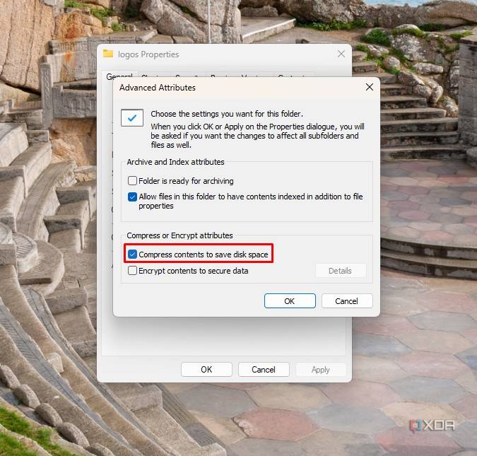 image showing compress contents option to save disk space
