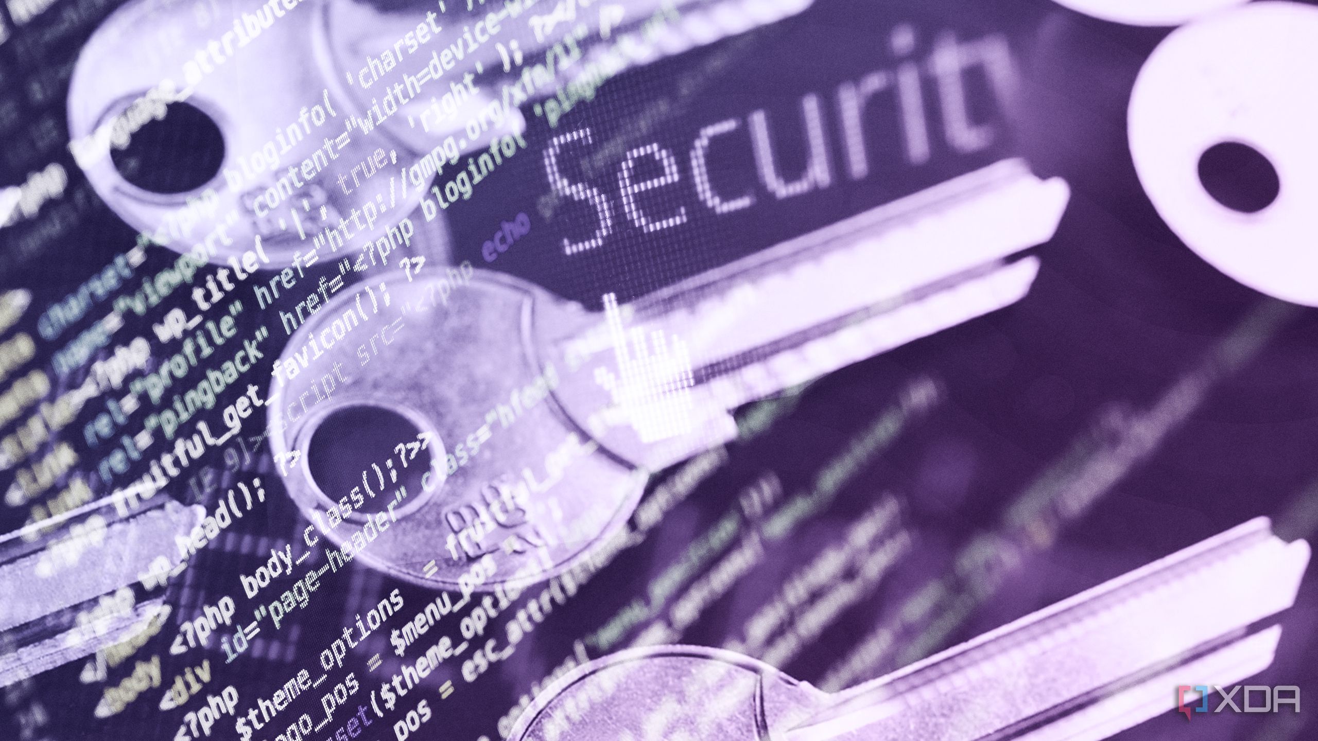 computer code in purple tones floating over some keys 