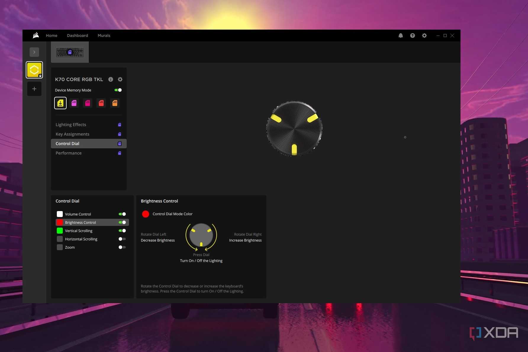 iCUE software showing control knob customization for the K70 Core TKL keyboard