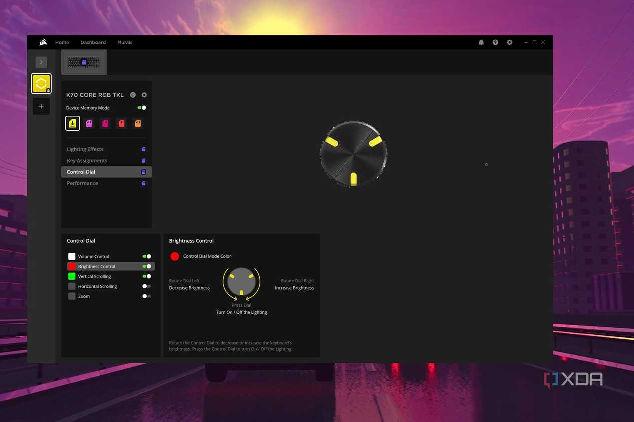 iCUE software showing control knob customization for the K70 Core TKL keyboard