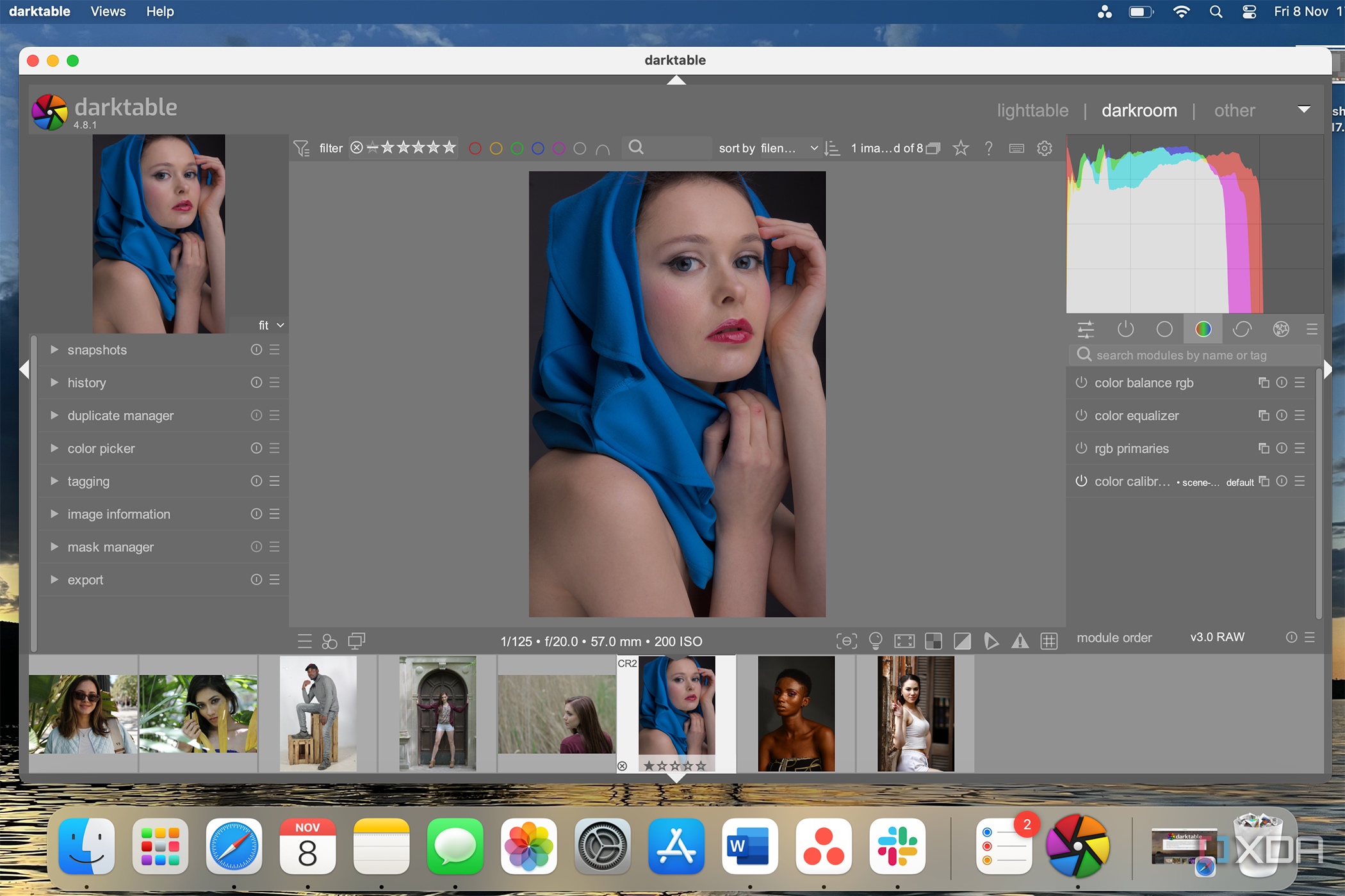 Darktable photo with menus visible