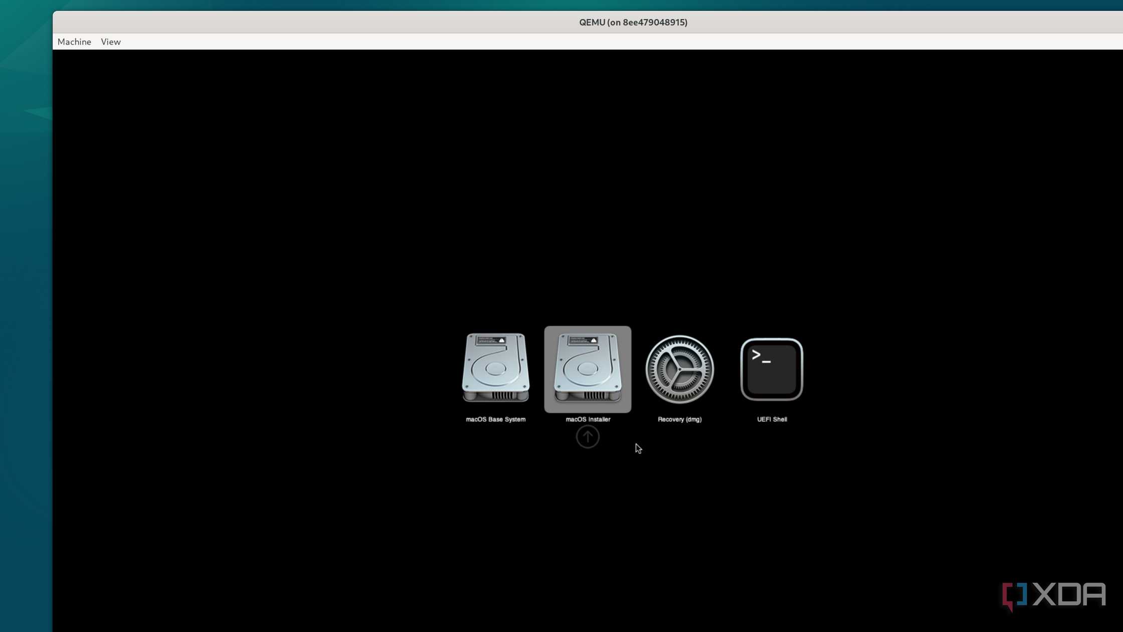 Selecting the macOS installer drive in the macOS Recover environment running inside a Docker container