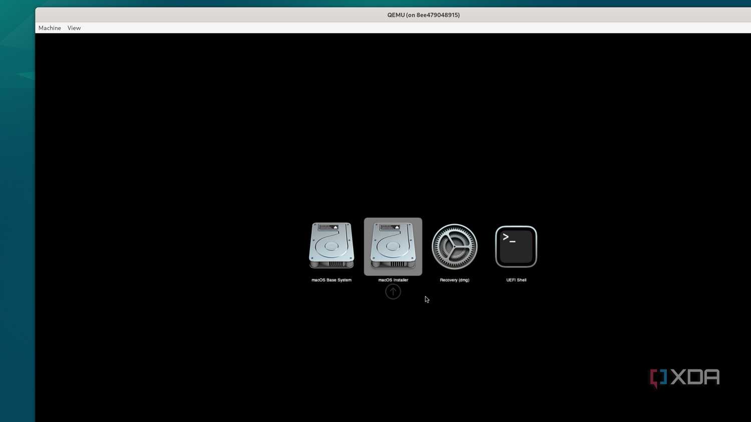 Selecting the macOS installer drive in the macOS Recover environment running inside a Docker container