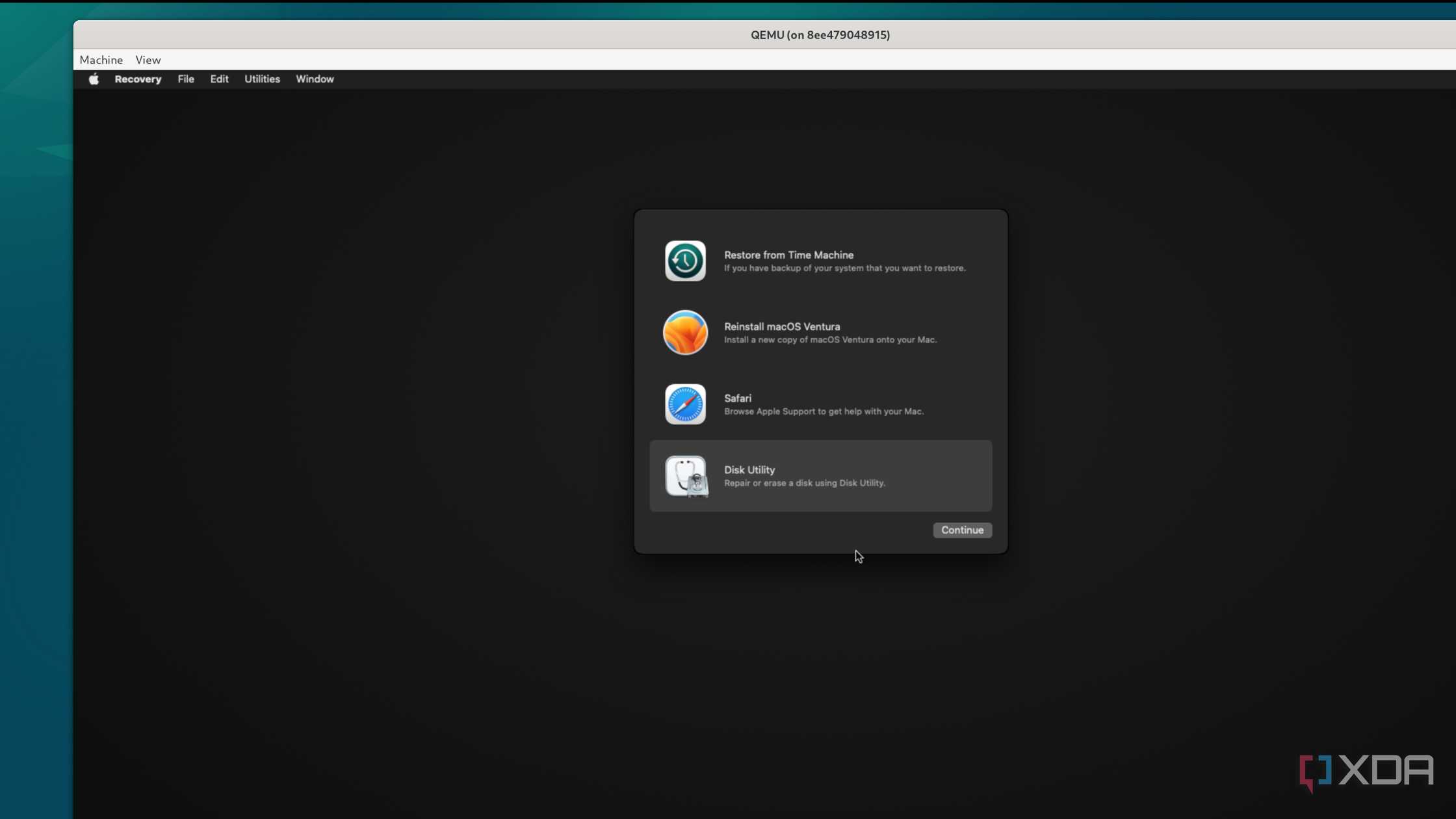 Selecting the Disk utility option in the macOS Recover environment running inside a Docker container