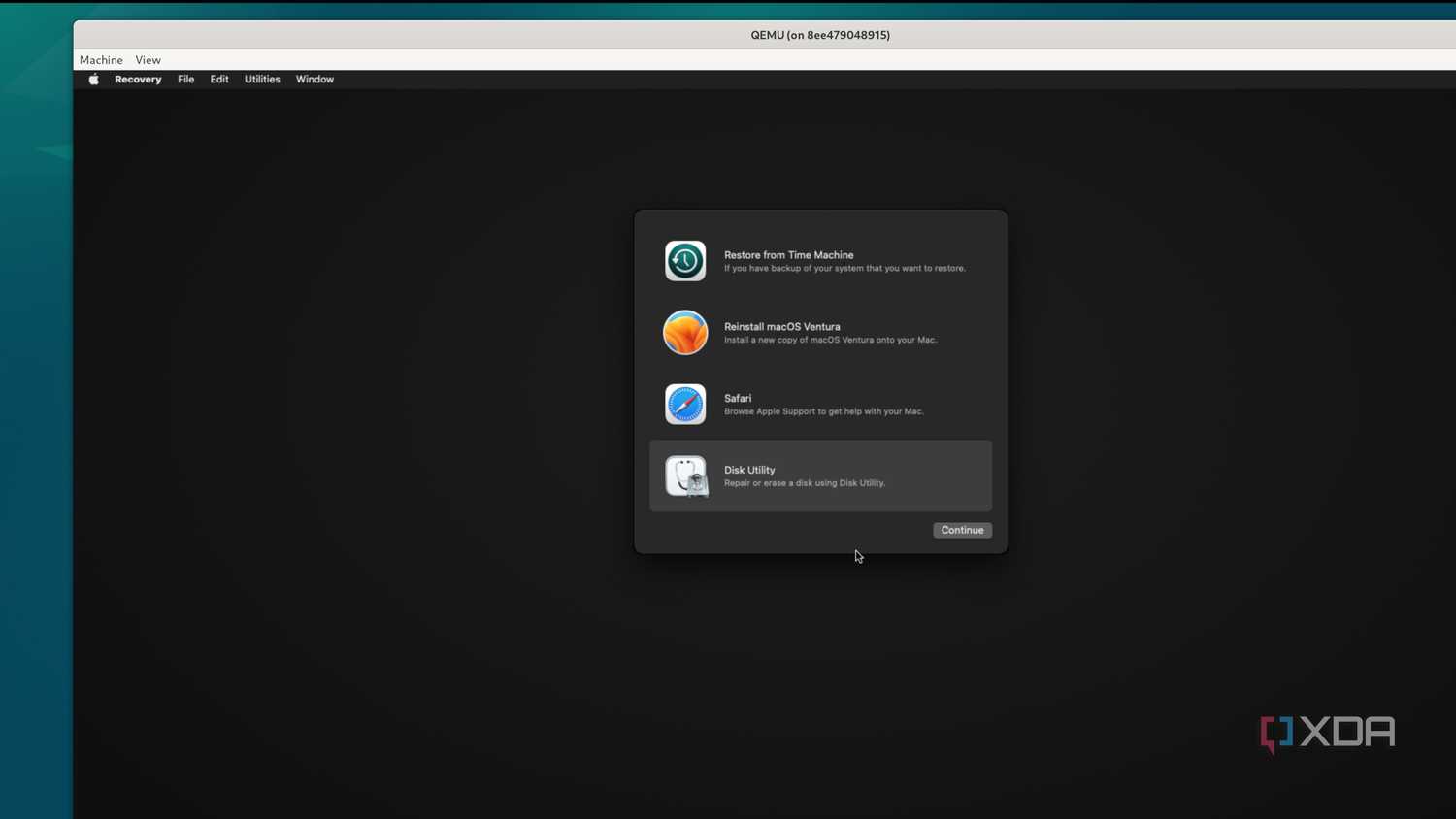 Selecting the Disk utility option in the macOS Recover environment running inside a Docker container