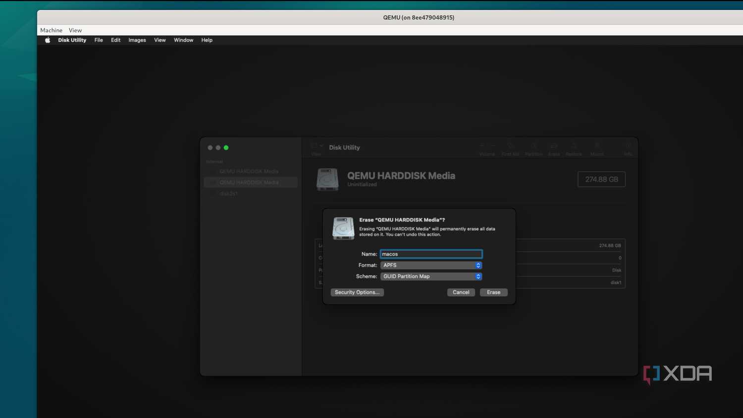 Erasing a Disk in the macOS Recover environment running inside a Docker container