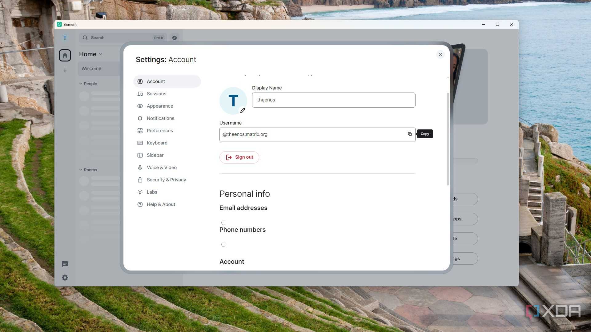 image of the element account settings tab