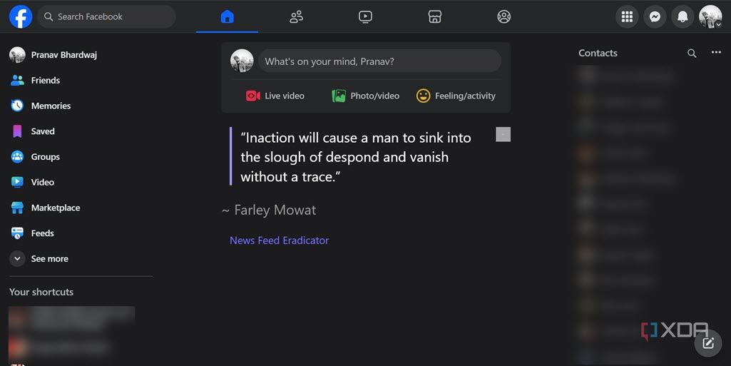 Facebook feed showing motivational quote