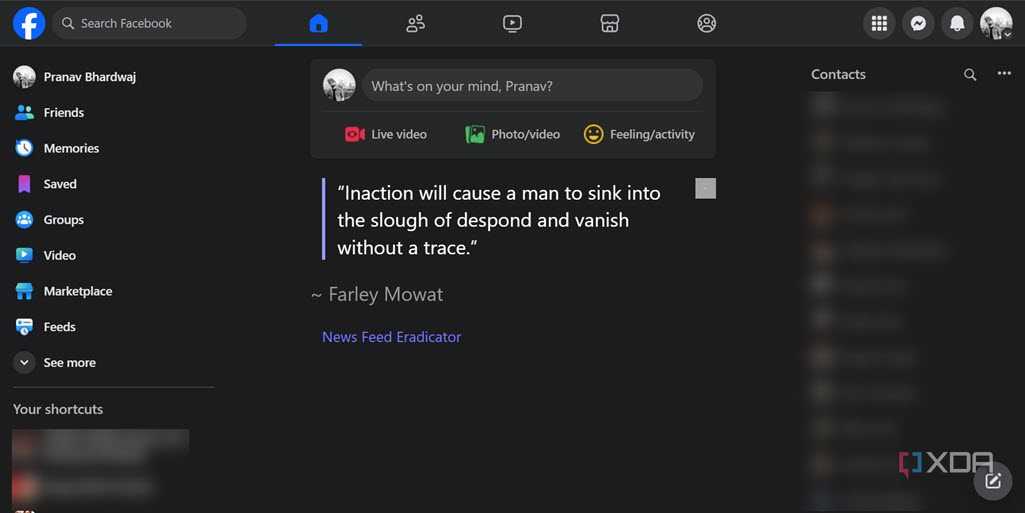 Facebook feed showing motivational quote