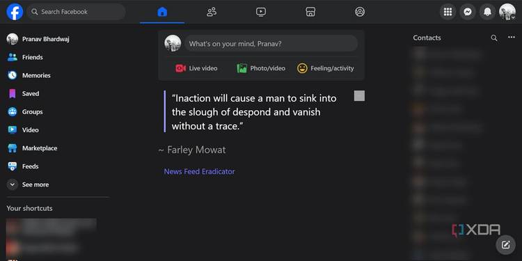 Facebook feed showing motivational quote