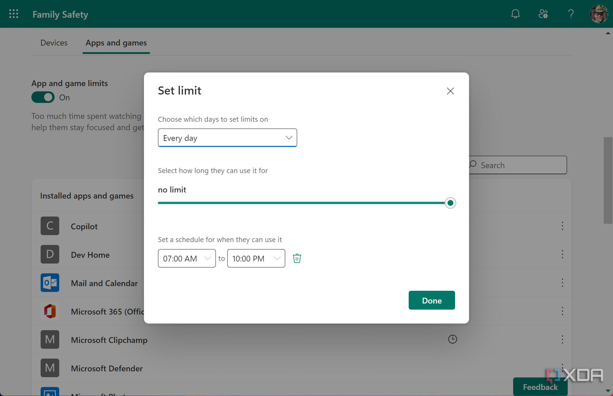 Family Safety set limit