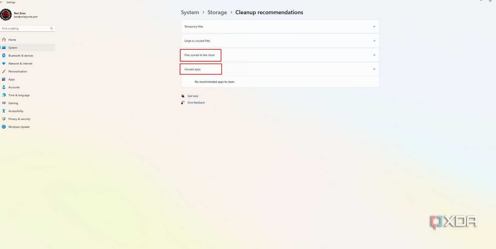 files to be synced and unused apps options in cleanup recommendations