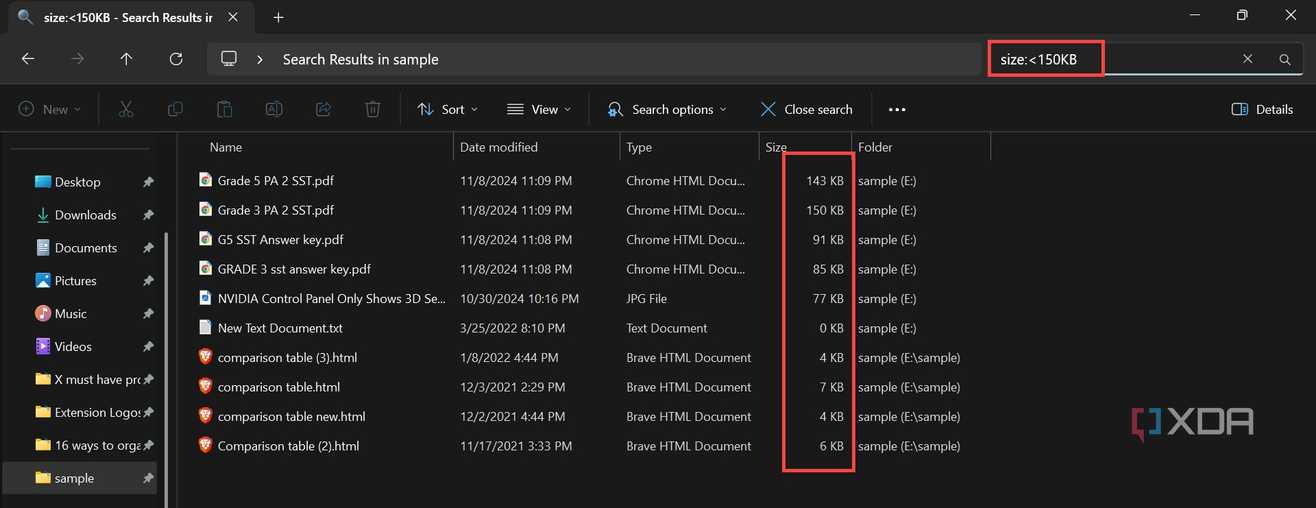 Filter to search files by size