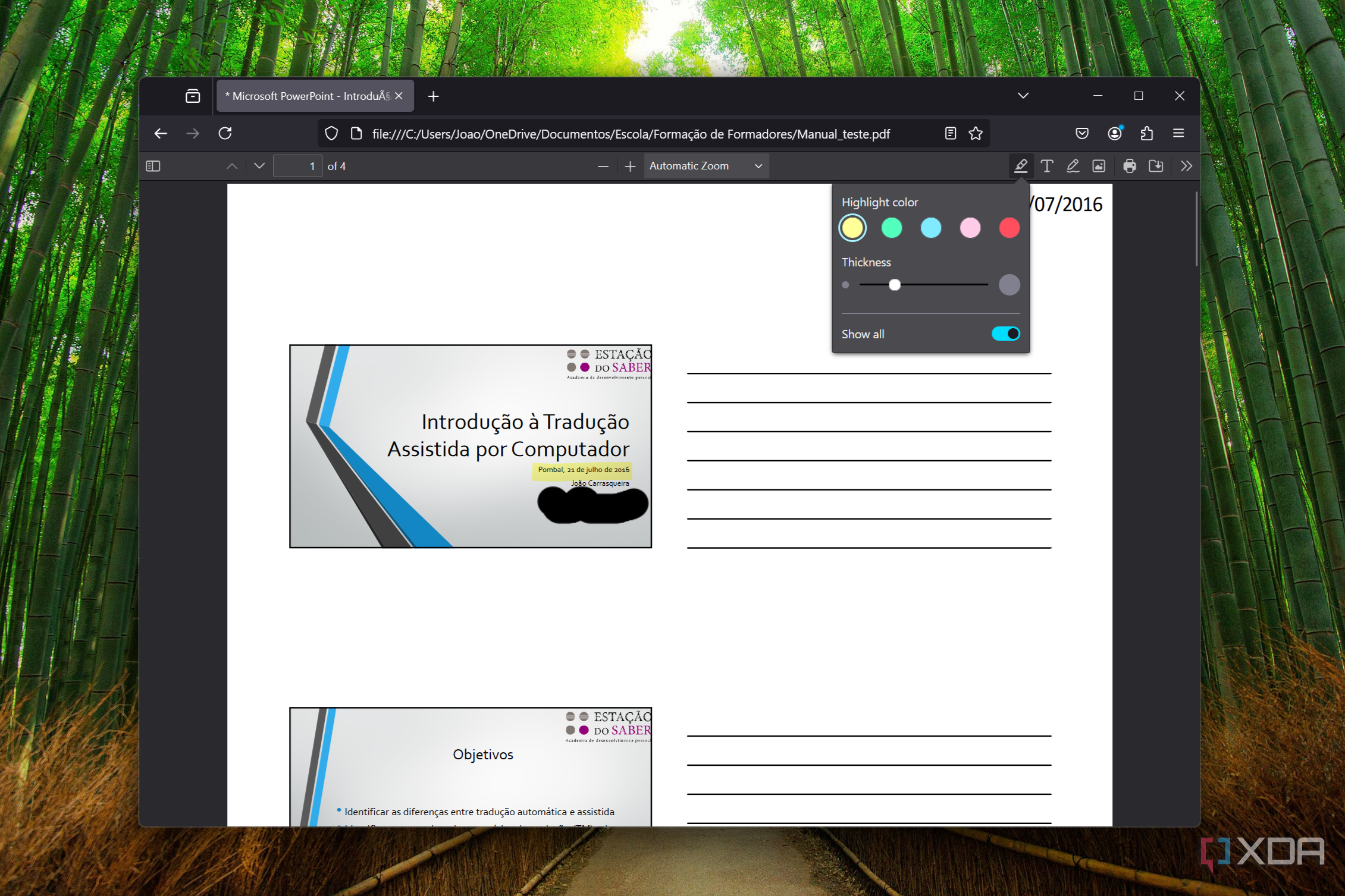 Screenshot of Mozilla Firefox displaying a PDF file and using the highlighter tool