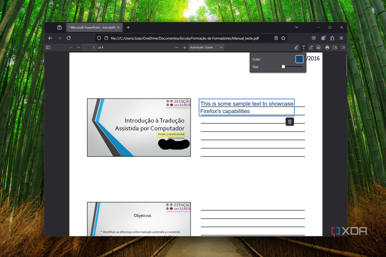 Screenshot of Mozilla Firefox displaying a PDF file and using the text tool