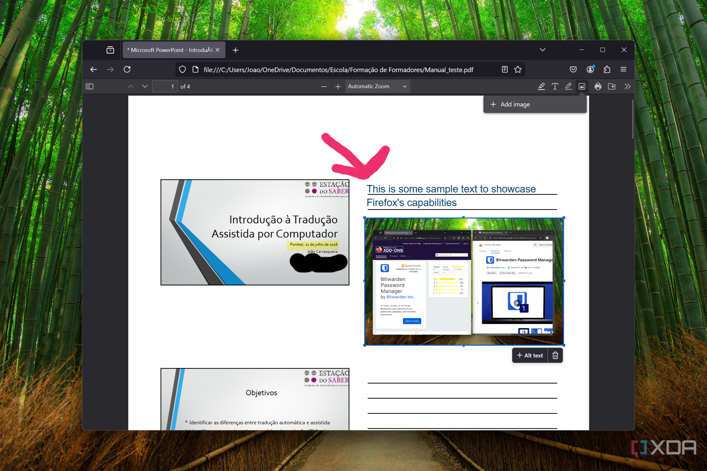Screenshot of Mozilla Firefox displaying a PDF file and adding an image to it