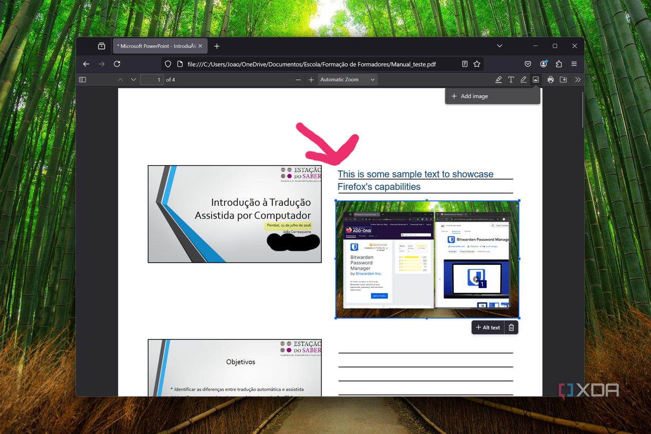 Screenshot of Mozilla Firefox displaying a PDF file and adding an image to it