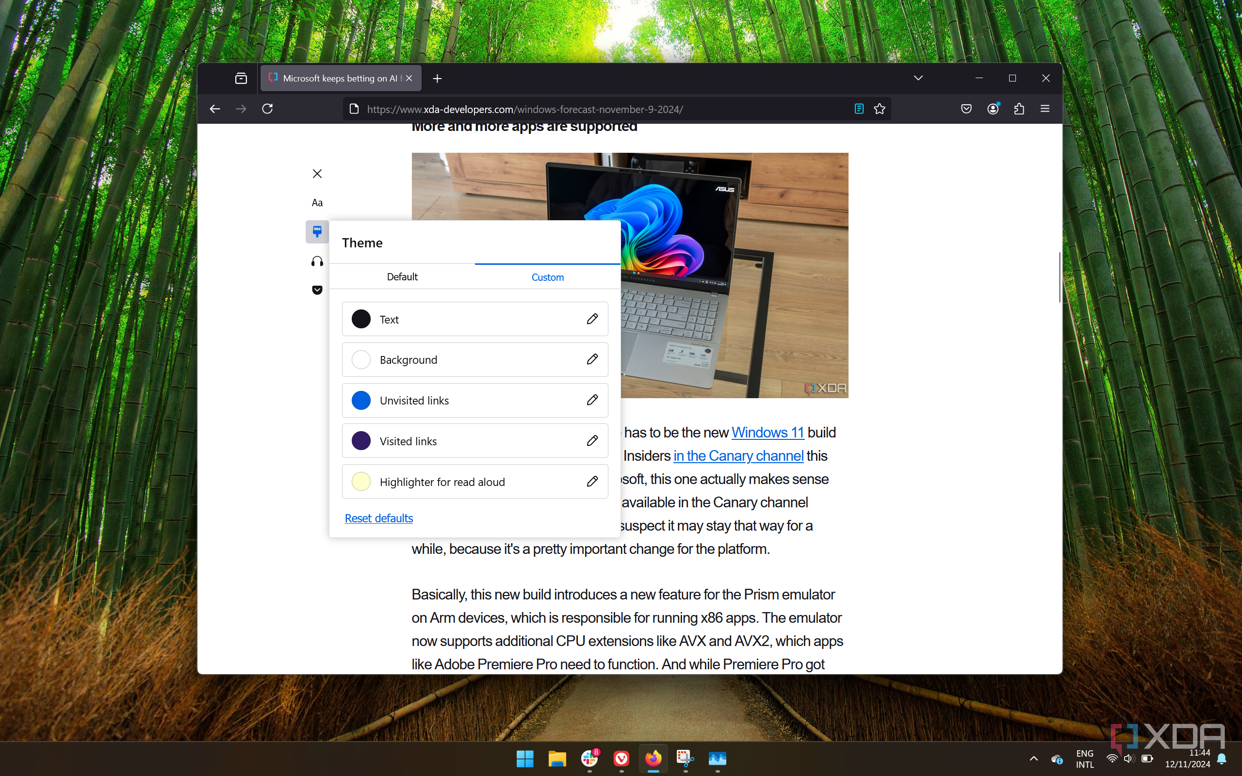 Screenshot of reading mode theme options in Mozilla Firefox