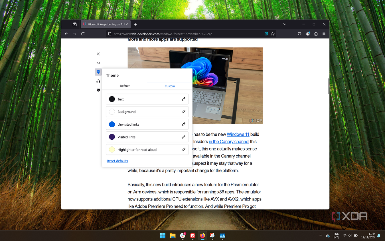 Screenshot of reading mode theme options in Mozilla Firefox
