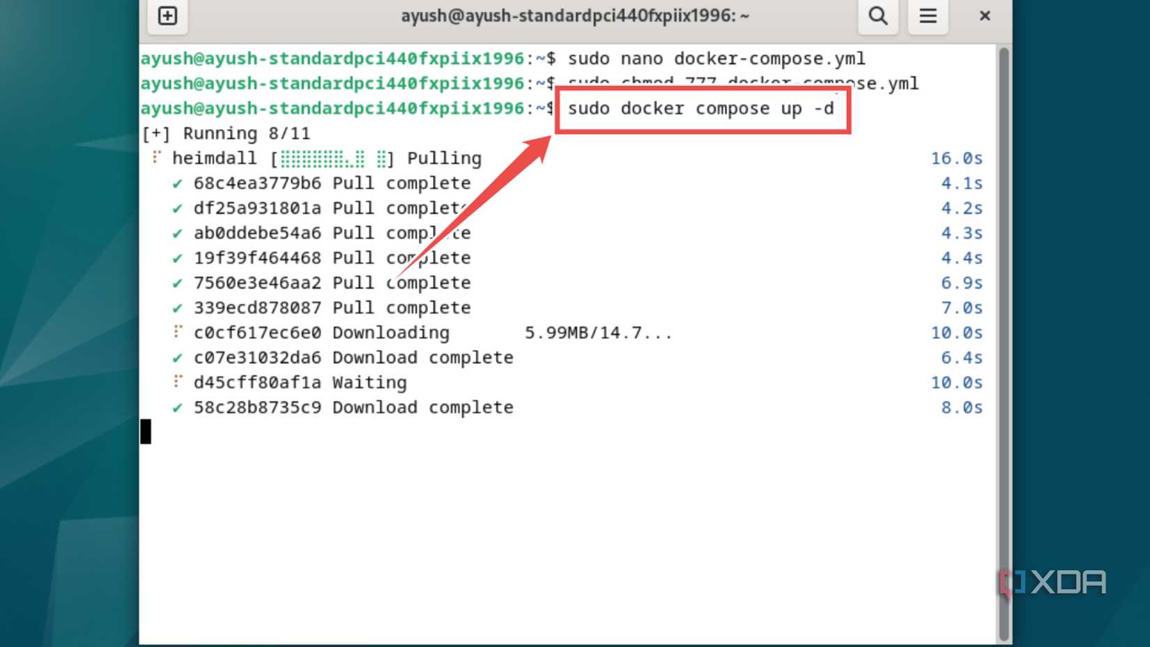 Running the docker compose up command to deploy Heimdall