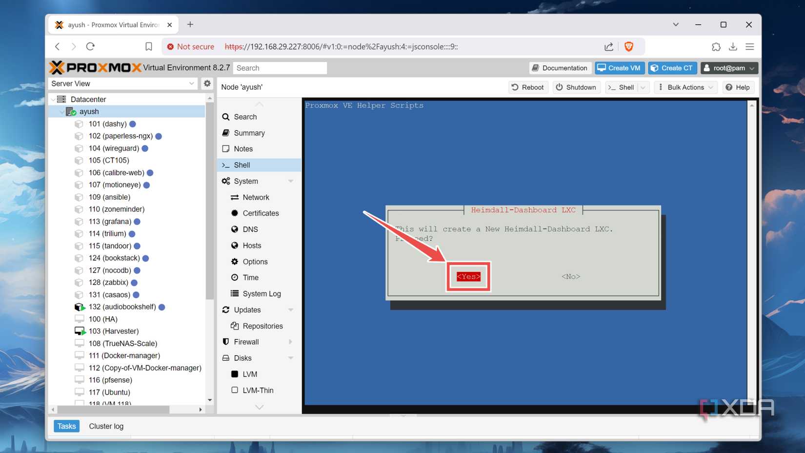 Tapping the Yes button when deploying the Heimdall container