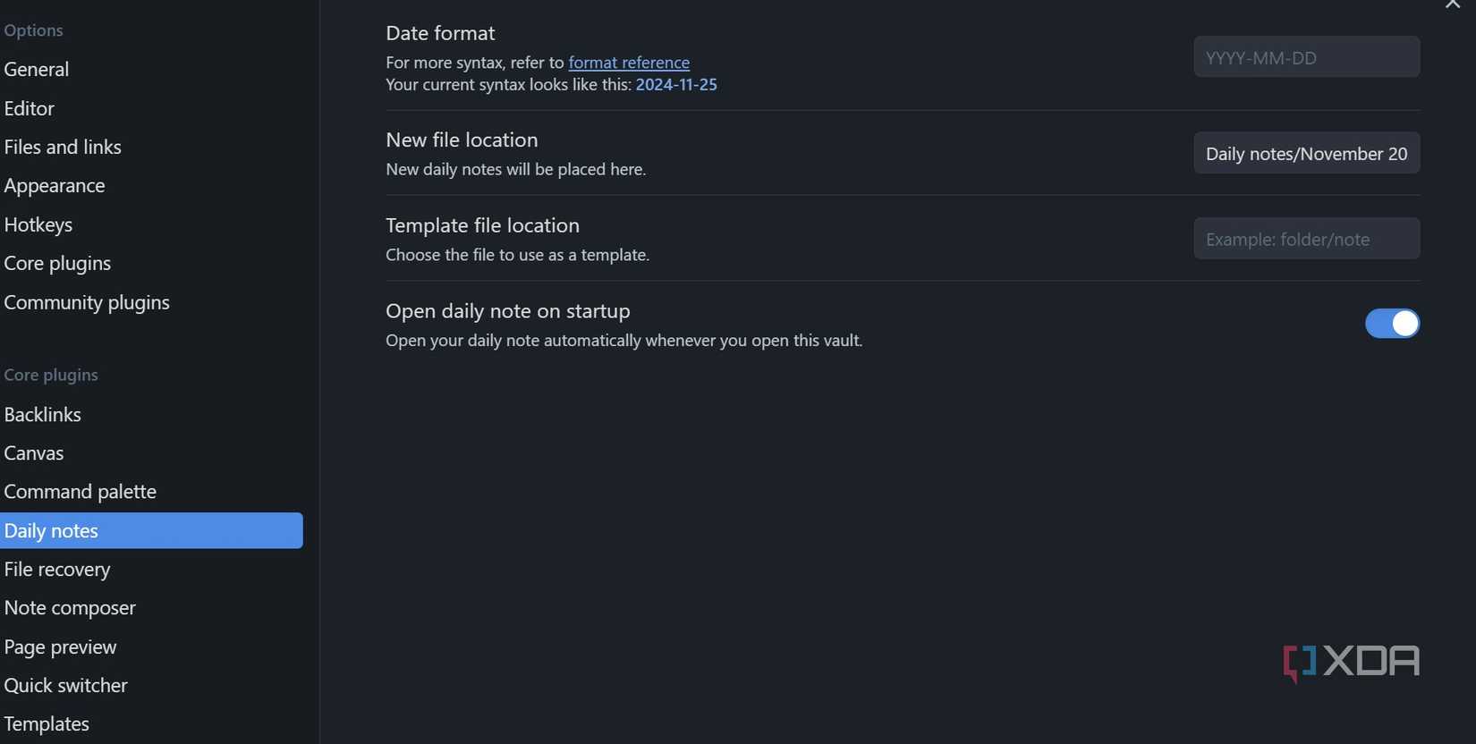 change daily notes settings
