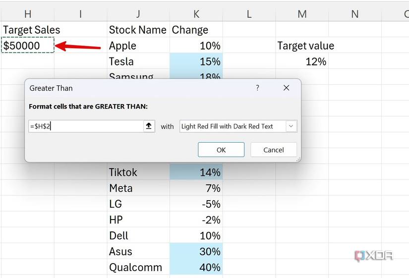 cell based conditional formatting in Excel using Greater Than