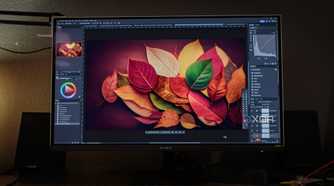 A photo being edited in Photoshop on the HP OMEN Transcend 32 OLED.