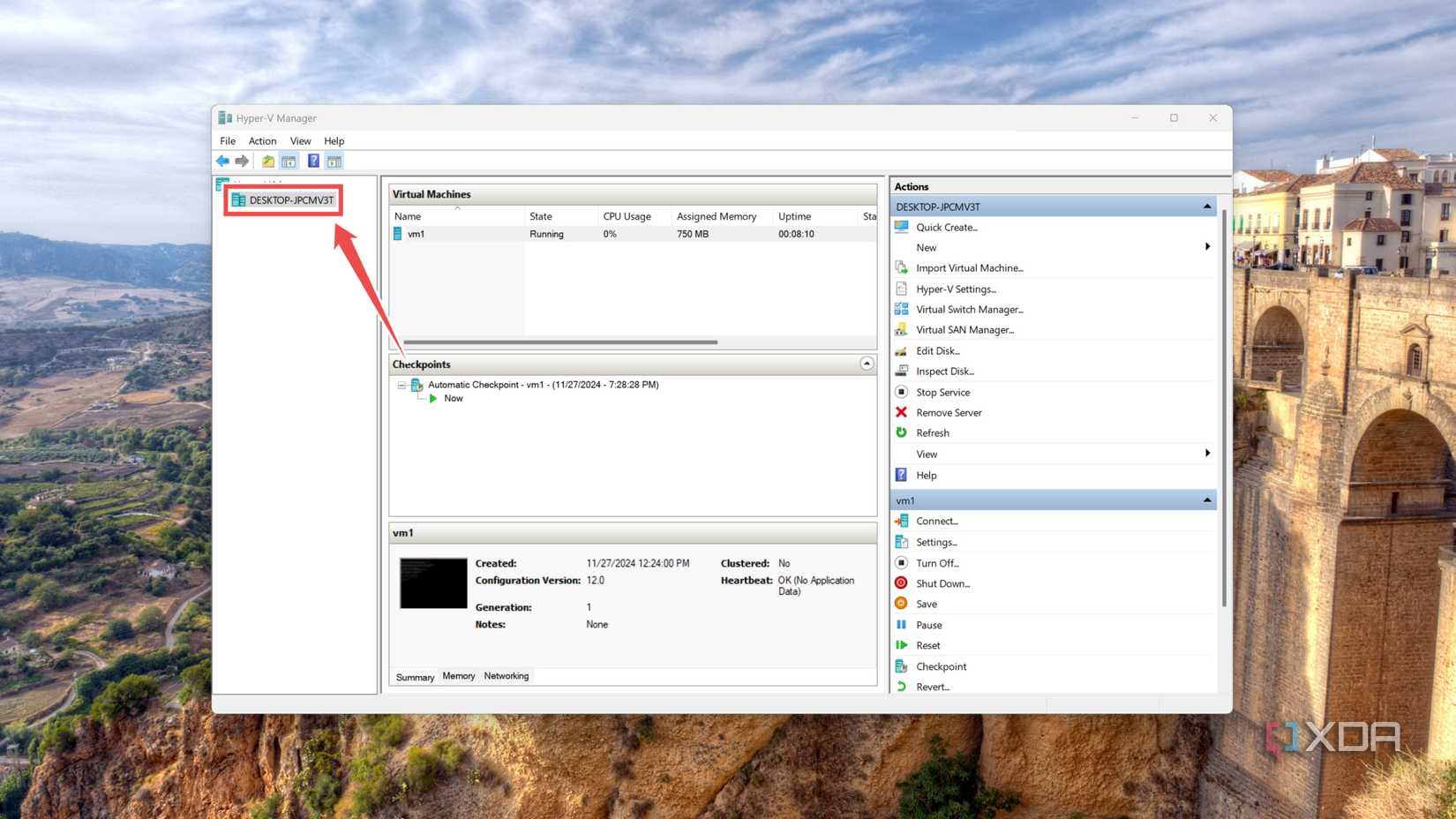 Selecting the local machine in the Hyper-V Manager