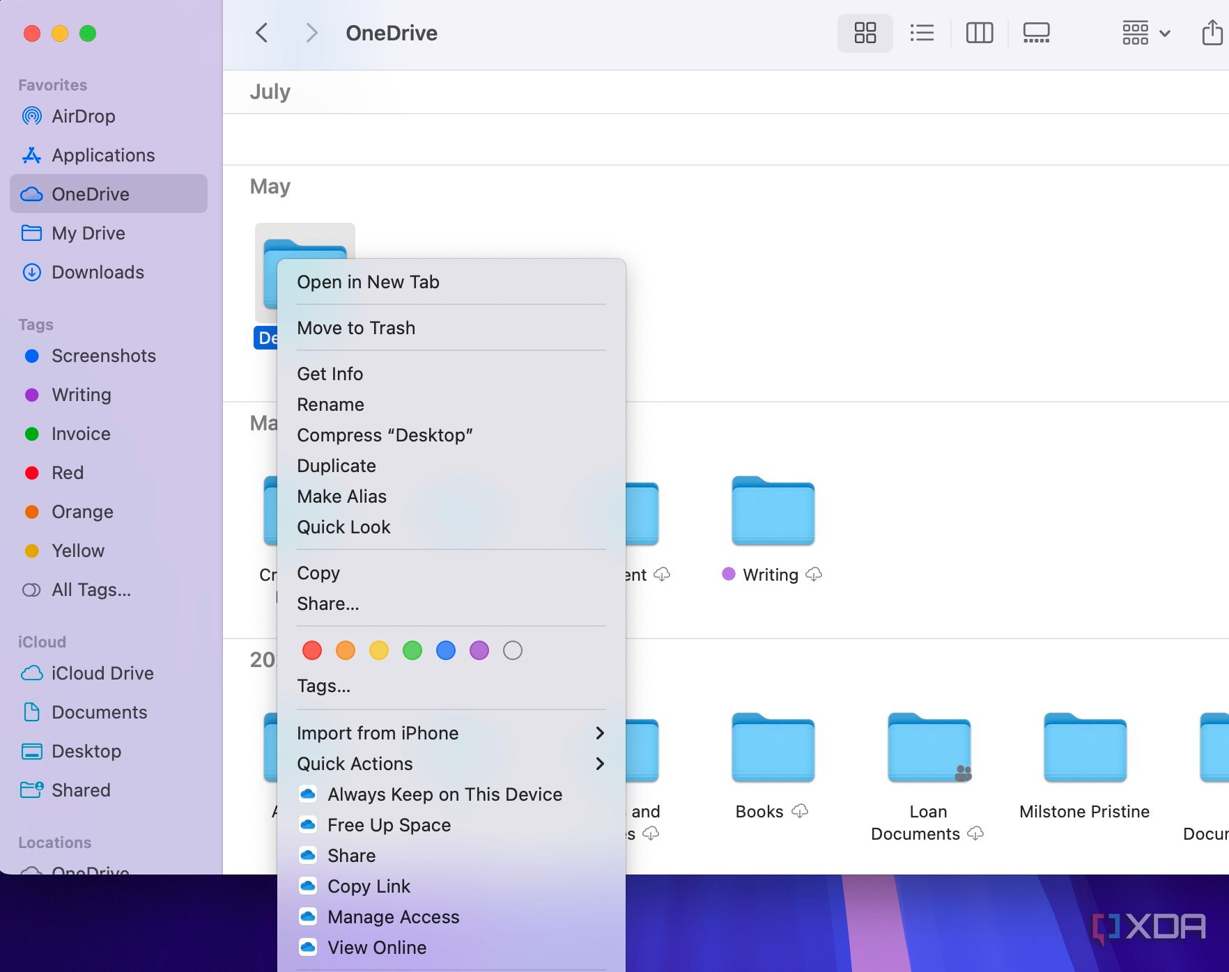 OneDrive options in Finder