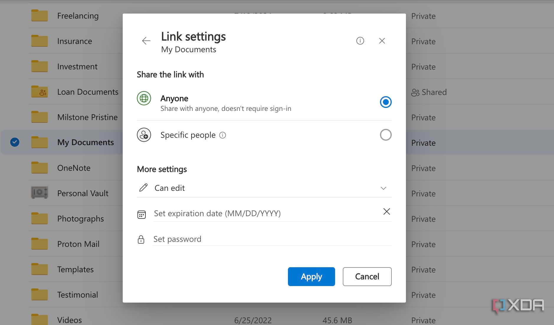 Set password in OneDrive