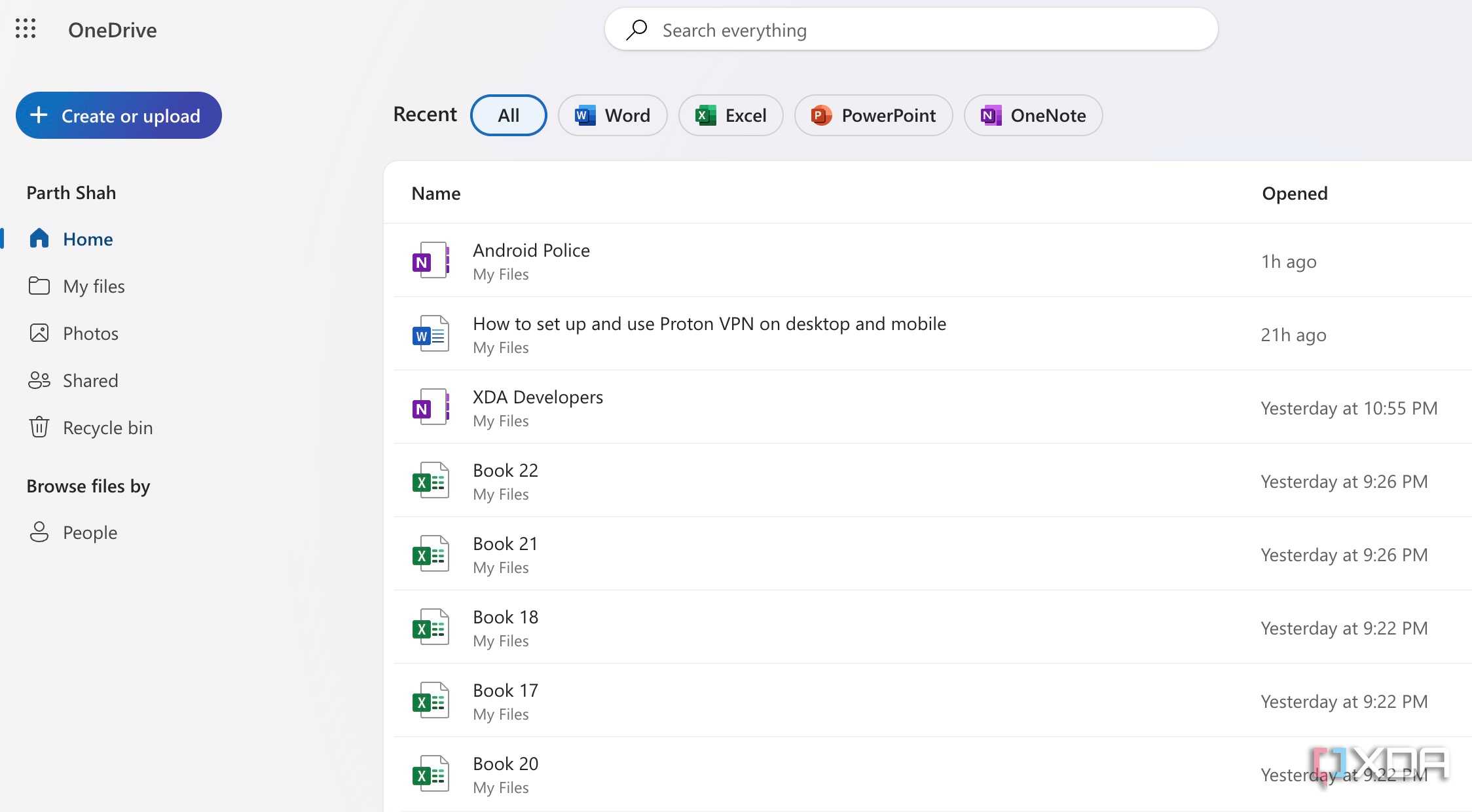 OneDrive home on web