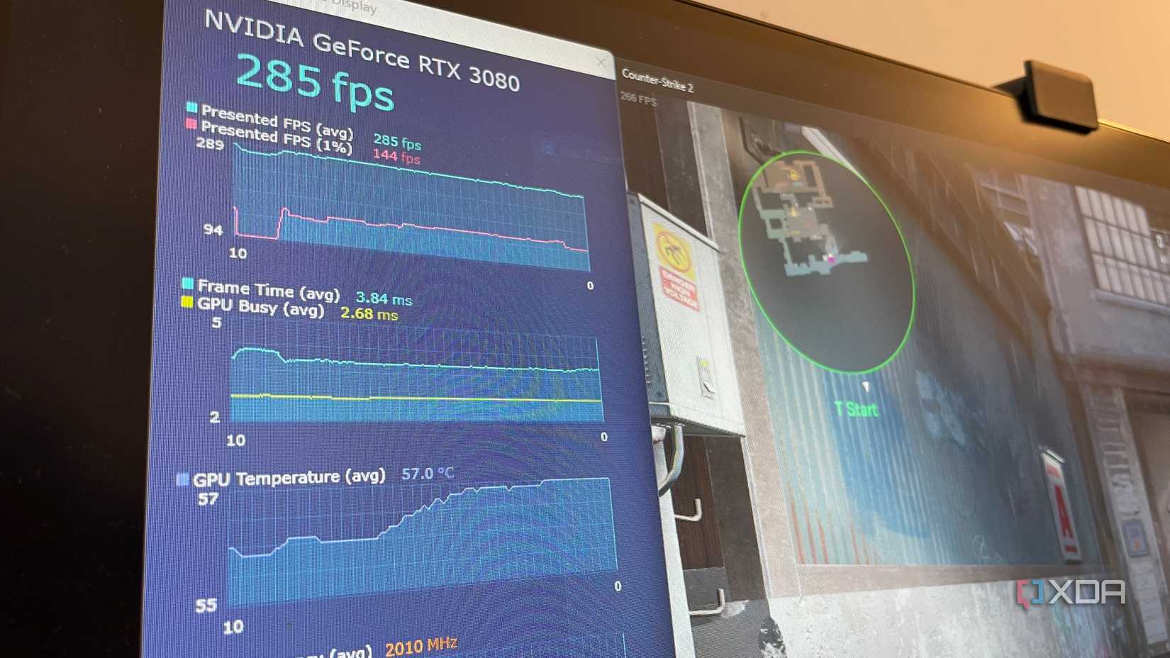 A photo showing some performance metrics measured by Intel PresentMon