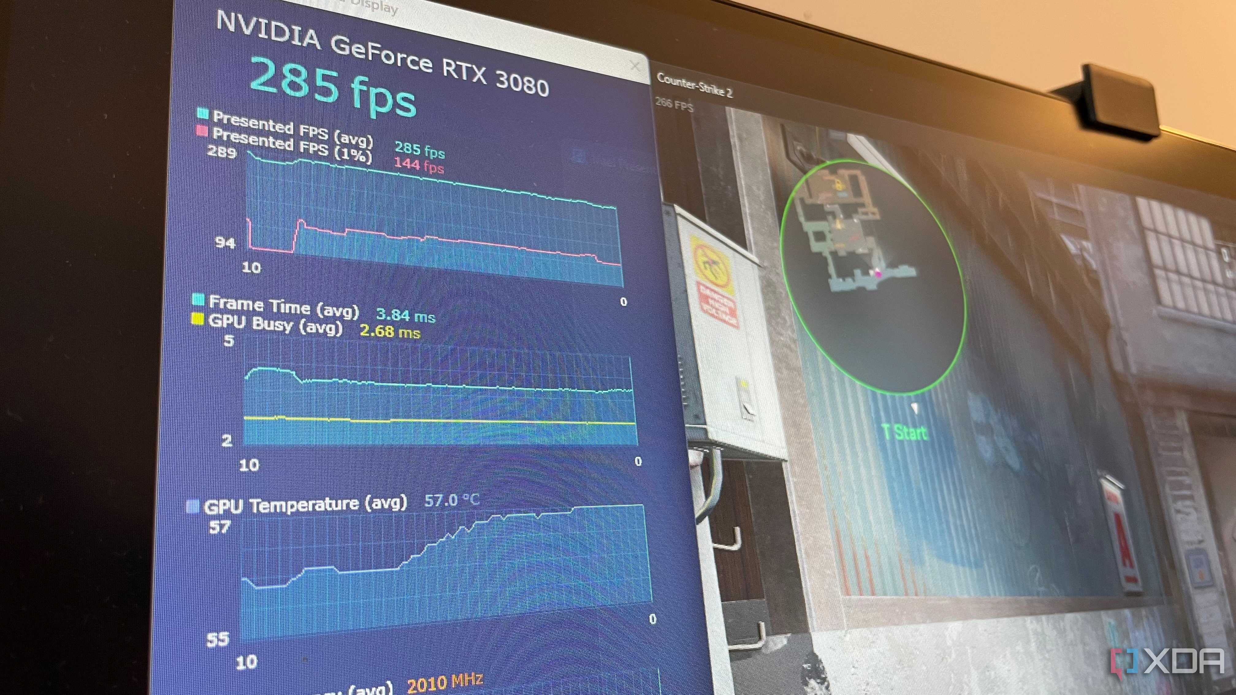 A photo showing some performance metrics measured by Intel PresentMon