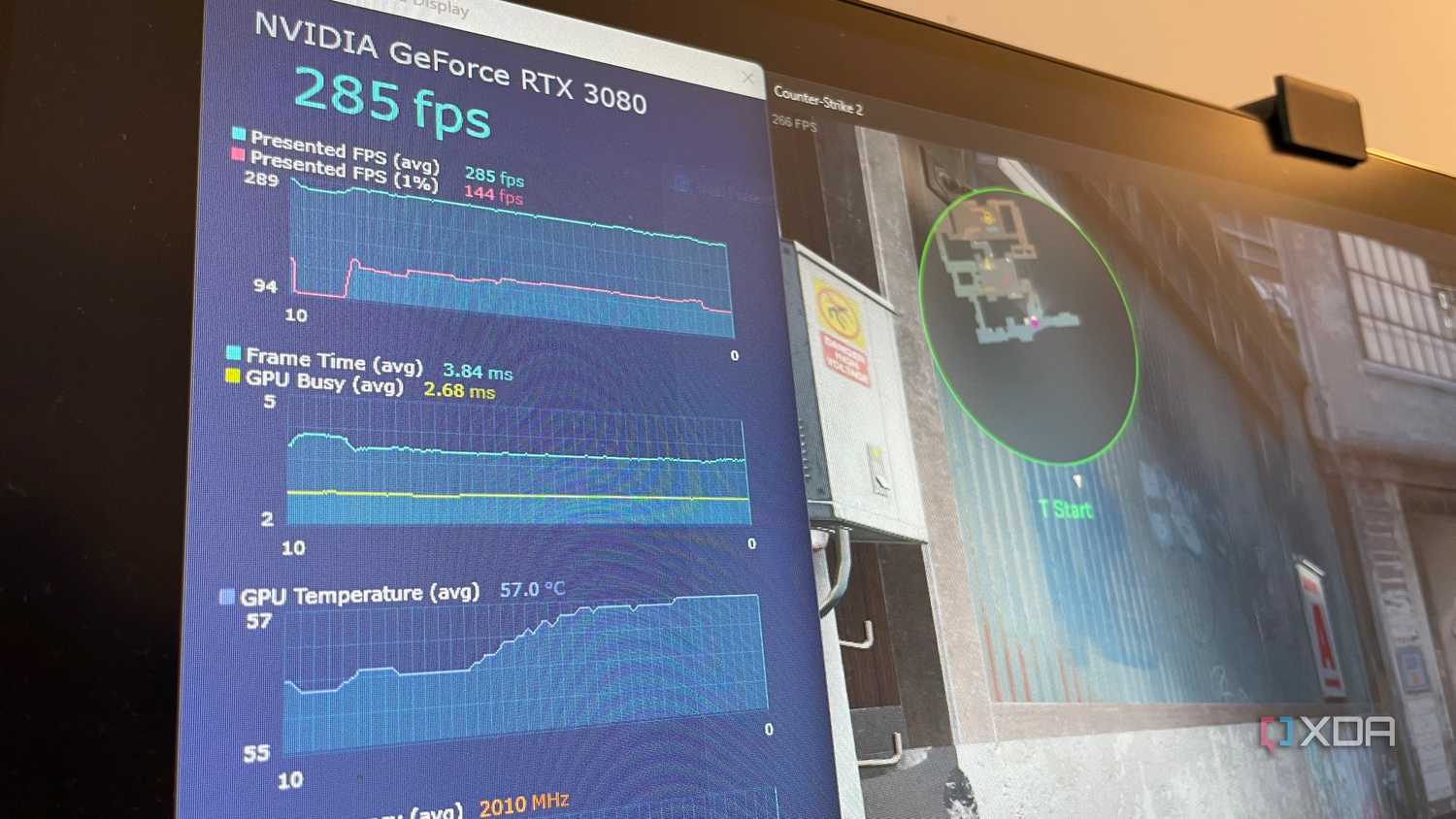 A photo showing some performance metrics measured by Intel PresentMon
