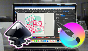 Inkscape on MacBook with Krita and Inkscape logos floating next to the laptop