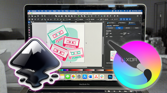 Inkscape on MacBook with Krita and Inkscape logos floating next to the laptop