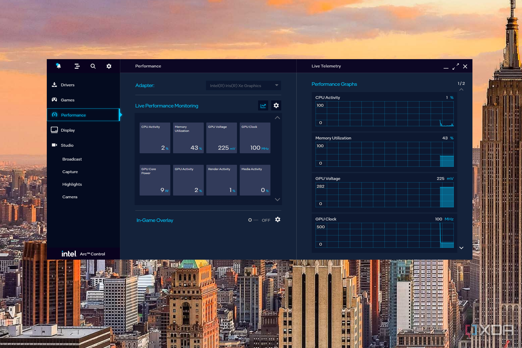 Screenshot performance monitoring in the Intel Arc Control app