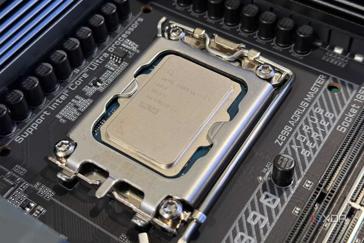 An image of an Intel Core Ultra 9 285k installed on a motherboard socket.