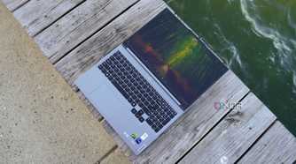 The Lenovo Legion 5 lying flat outdoors.