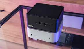 Angles view of the M4 Mac Mini with the Asus NUC 14 Pro stacked on top of it
