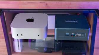 An M4 Mac Mini next to a Geekom Mini IT13