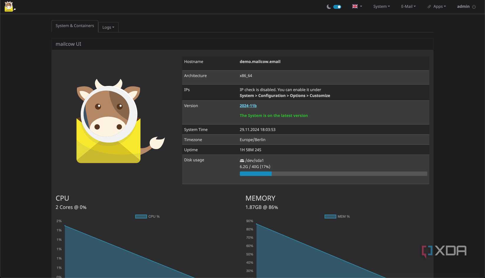 Mailcow UI on a self hosted email server