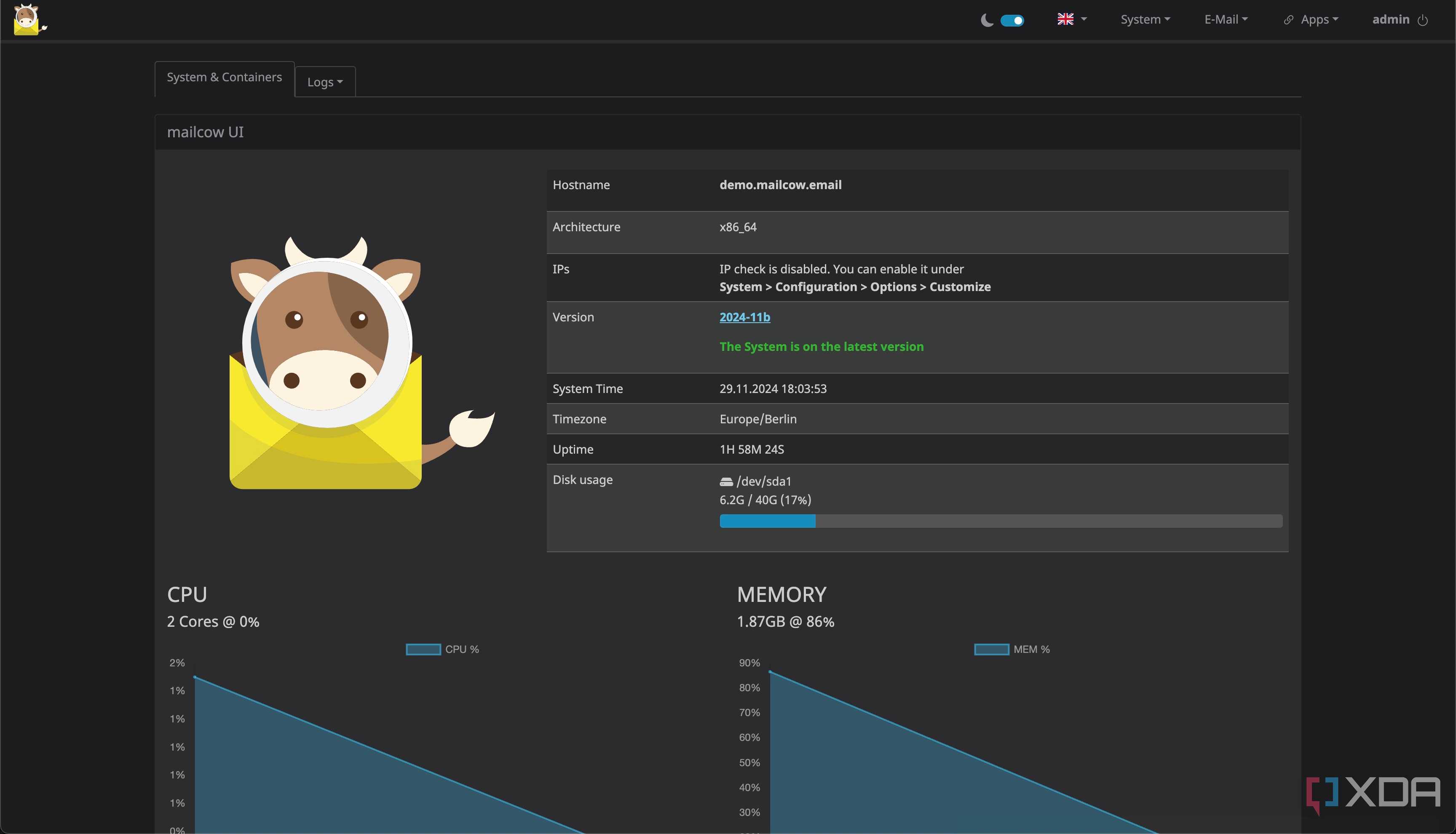 Mailcow UI on a self hosted email server