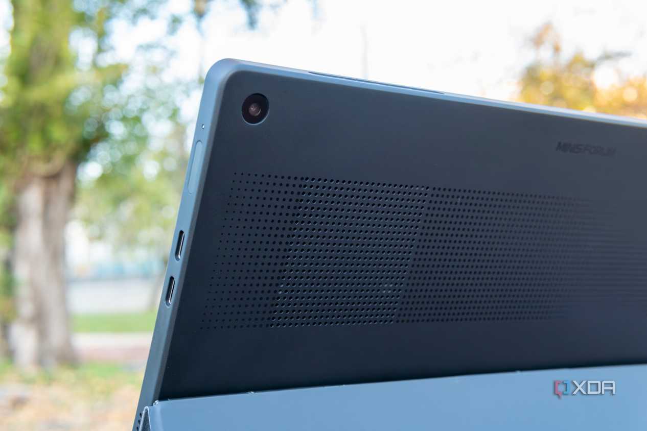 Close-up view of the rear camera on the Minisforum V3