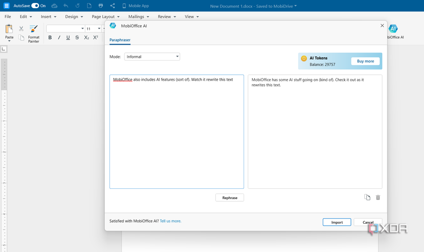Screenshot showing MobiOffice paraphrasing tool