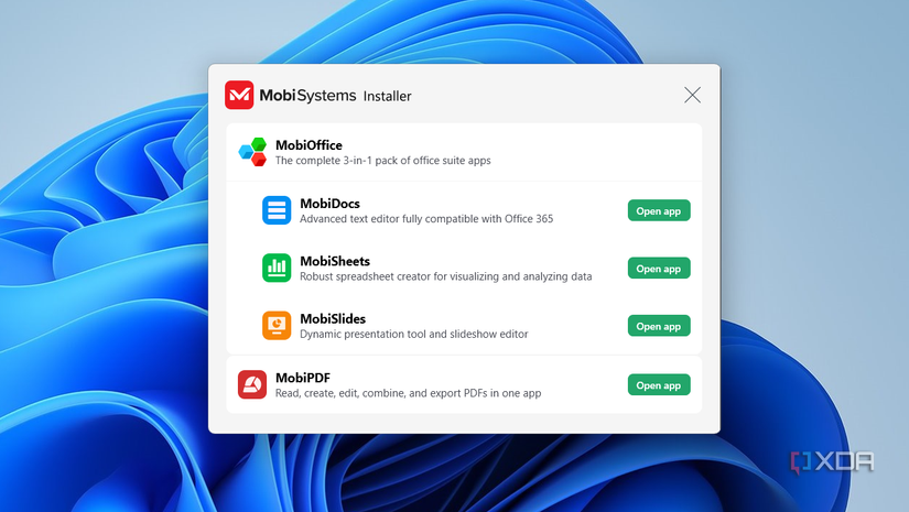 Screenshot showing list of MobiOffice apps